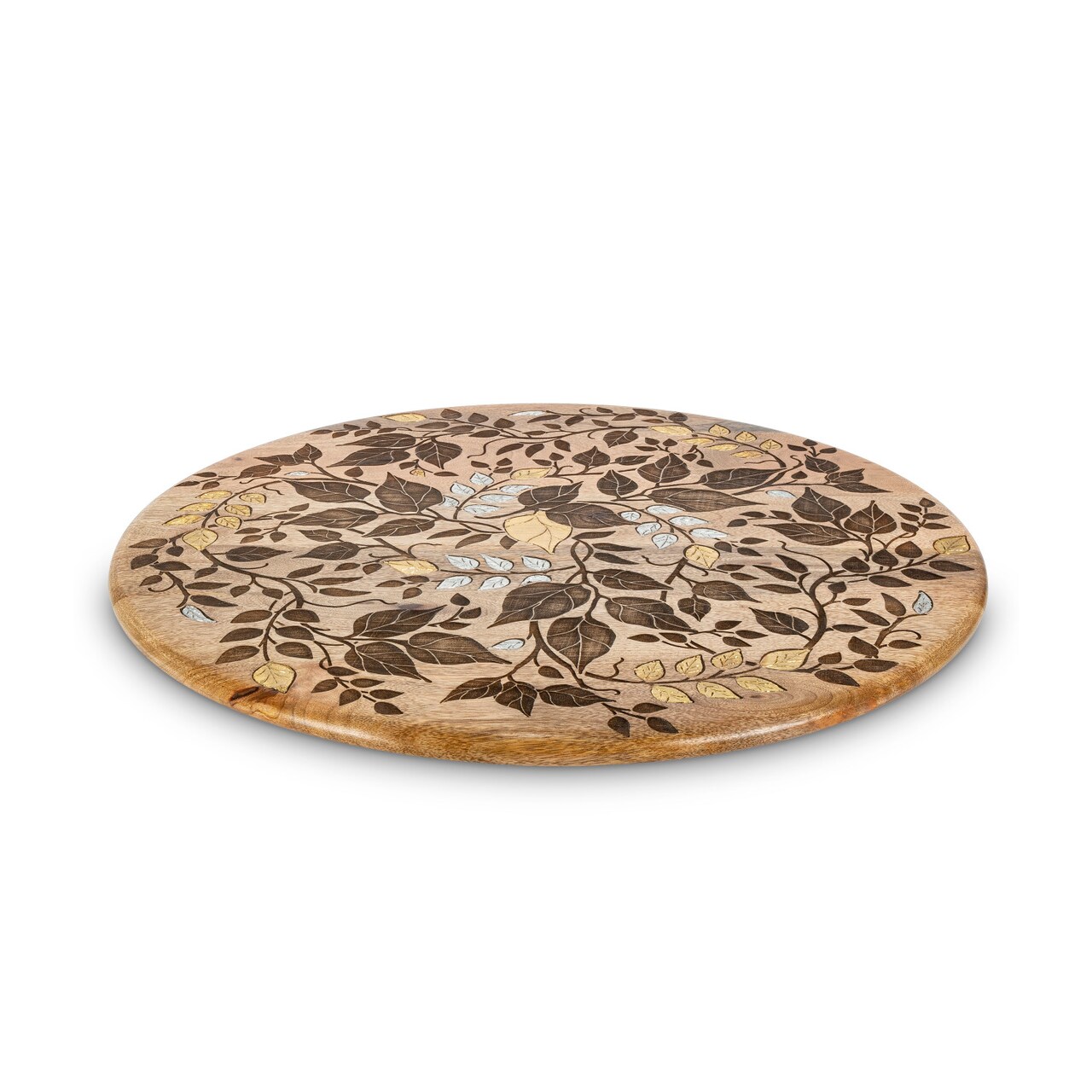 Gerson 22" Brown Unique Round Wooden Inlay Leaf Design Lazy Susan
